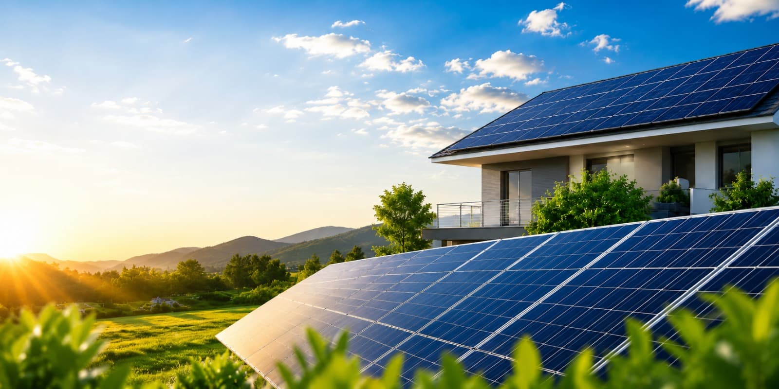 Solar panels on a modern home at sunset
